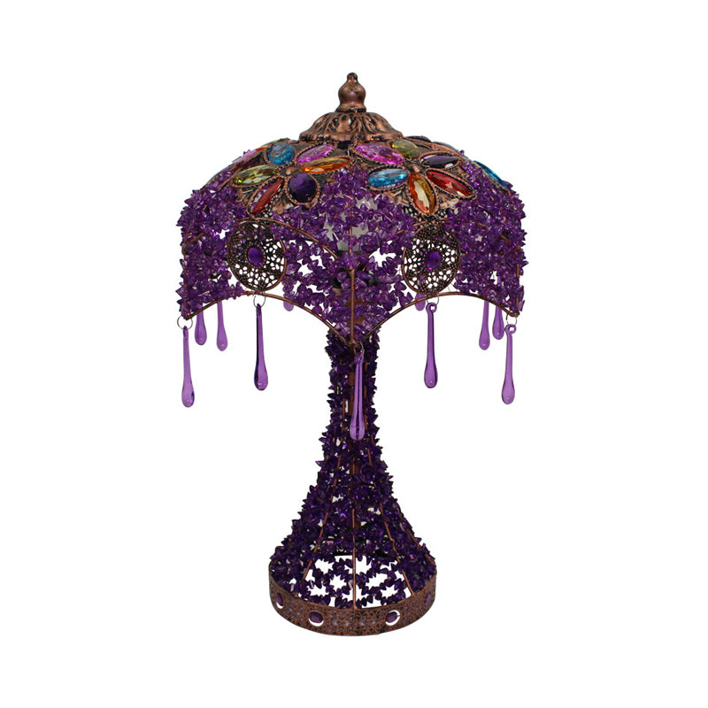 Lampada da comodino in metallo rosso/viola smerlato a 1 luce, lampada da comodino bohémien per soggiorno