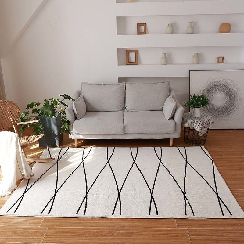 White Modern Rug Polyester Line Rug Stain Resistant Rug for Home Decor