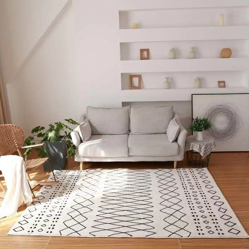 White Modern Rug Polyester Line Rug Stain Resistant Rug for Home Decor