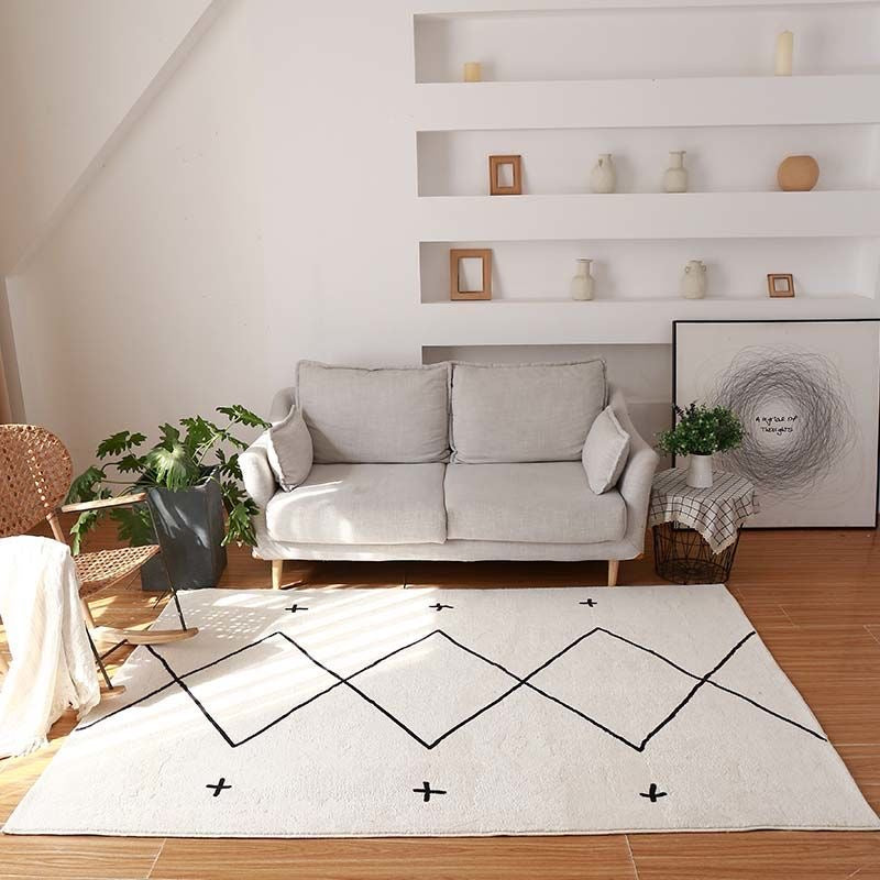 White Modern Rug Polyester Line Rug Stain Resistant Rug for Home Decor