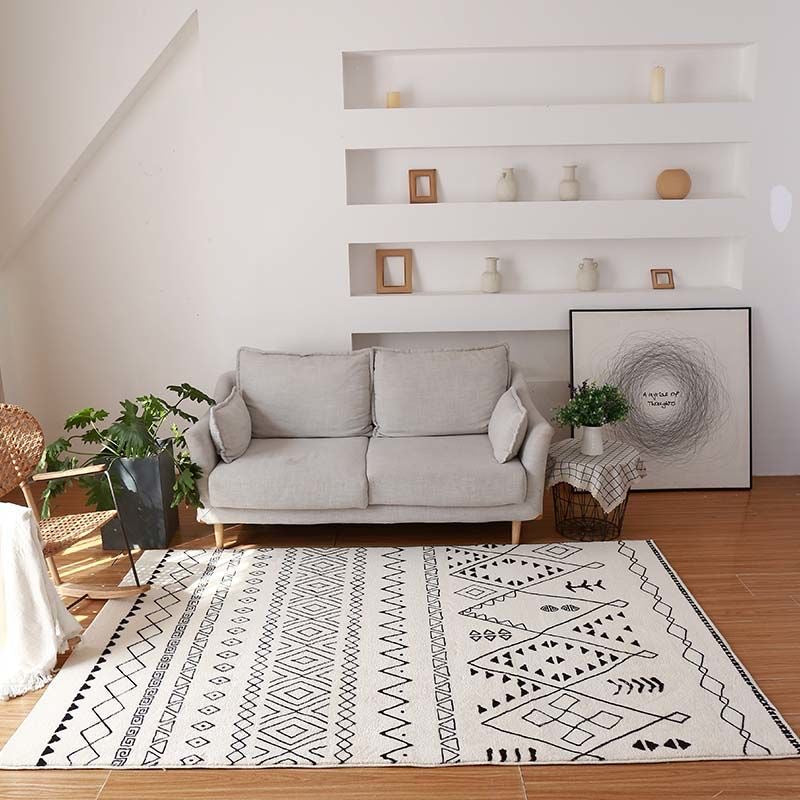 White Modern Rug Polyester Line Rug Stain Resistant Rug for Home Decor