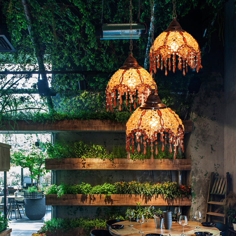 Scalloped Restaurant Cluster Pendant Light Decorative Metal 3 Lights Yellow Hanging Lamp with Crystal Accent