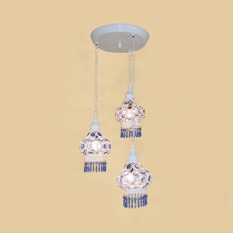 Metal Red/Blue Cluster Pendant Light Lantern 3 Heads Bohemian Ceiling Lamp with Round/Linear Canopy