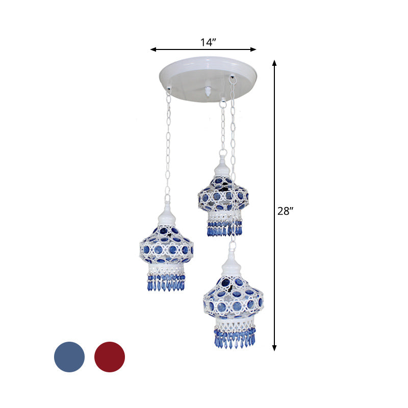 Metal Red/Blue Cluster Pendant Light Lantern 3 Heads Bohemian Ceiling Lamp with Round/Linear Canopy