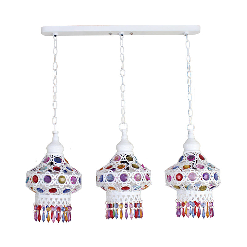 Metal Red/Blue Cluster Pendant Light Lantern 3 Heads Bohemian Ceiling Lamp with Round/Linear Canopy