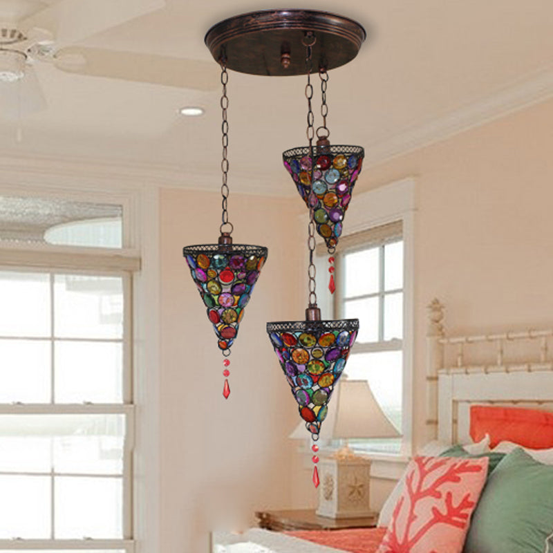 3 Bulbs Conical Cluster Pendant Art Deco Rust Metal Hanging Ceiling Light with Round/Linear Canopy for Bedroom