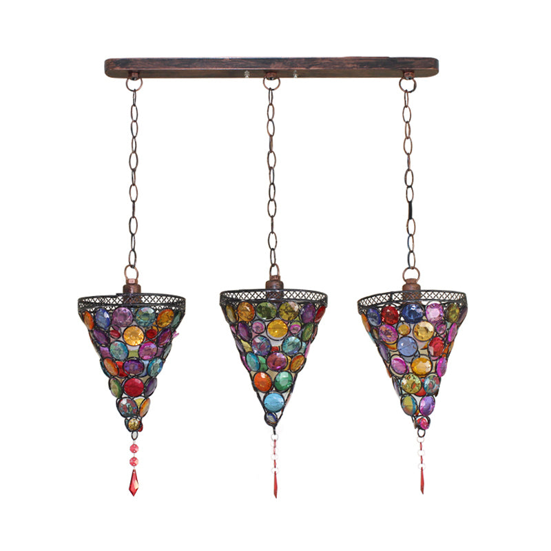 3 Bulbs Conical Cluster Pendant Art Deco Rust Metal Hanging Ceiling Light with Round/Linear Canopy for Bedroom