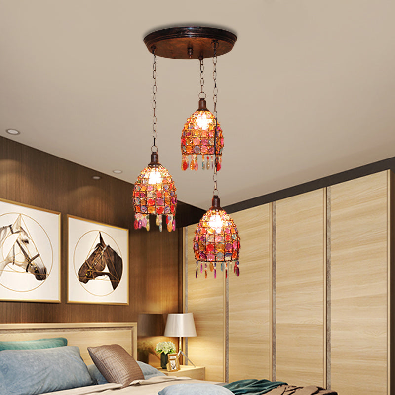 Dome Bedroom Cluster Pendant Light Bohemian Metal 3 Lights Rust Hanging Lamp with Round/Linear Canopy