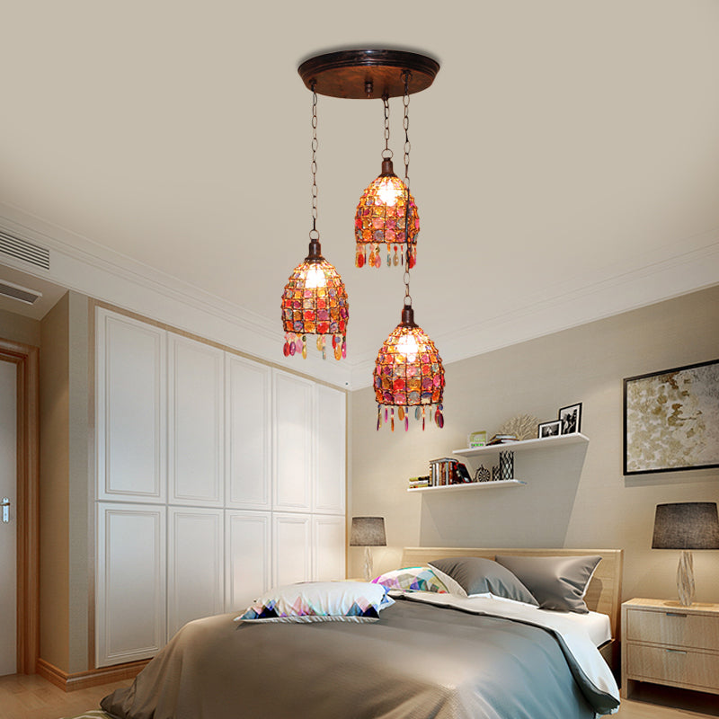 Dome Bedroom Cluster Pendant Light Bohemian Metal 3 Lights Rust Hanging Lamp with Round/Linear Canopy