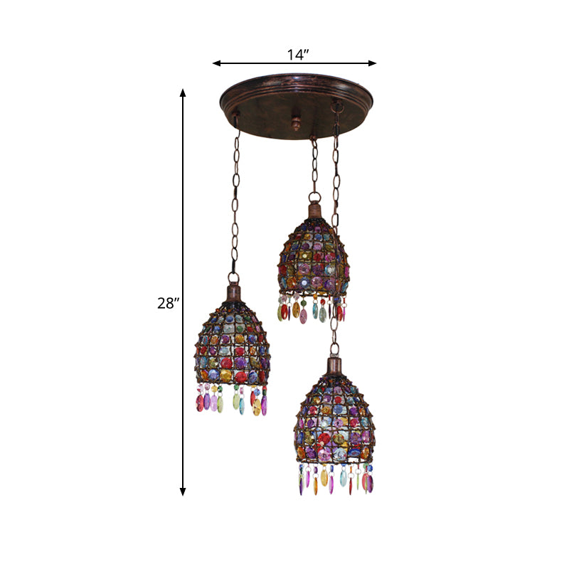Dome Bedroom Cluster Pendant Light Bohemian Metal 3 Lights Rust Hanging Lamp with Round/Linear Canopy