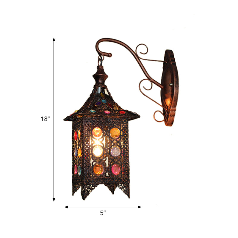 Lantern Bedroom Sconce Wall Light Bohemian Metal 1 Bulb Brass/Black Wall Lighting Fixture