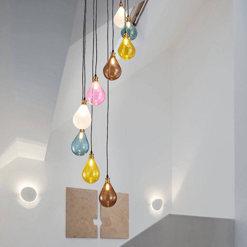 9 Lights Balloon Cluster Pendant Modern White/Pink Glass LED Hanging Ceiling Lamp with Spiral Design