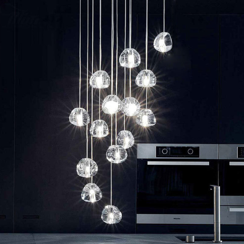 Silver 14 Bulbs LED Ceiling Light Modernism Clear Concave Glass Meteor Shower Cluster Pendant Lamp