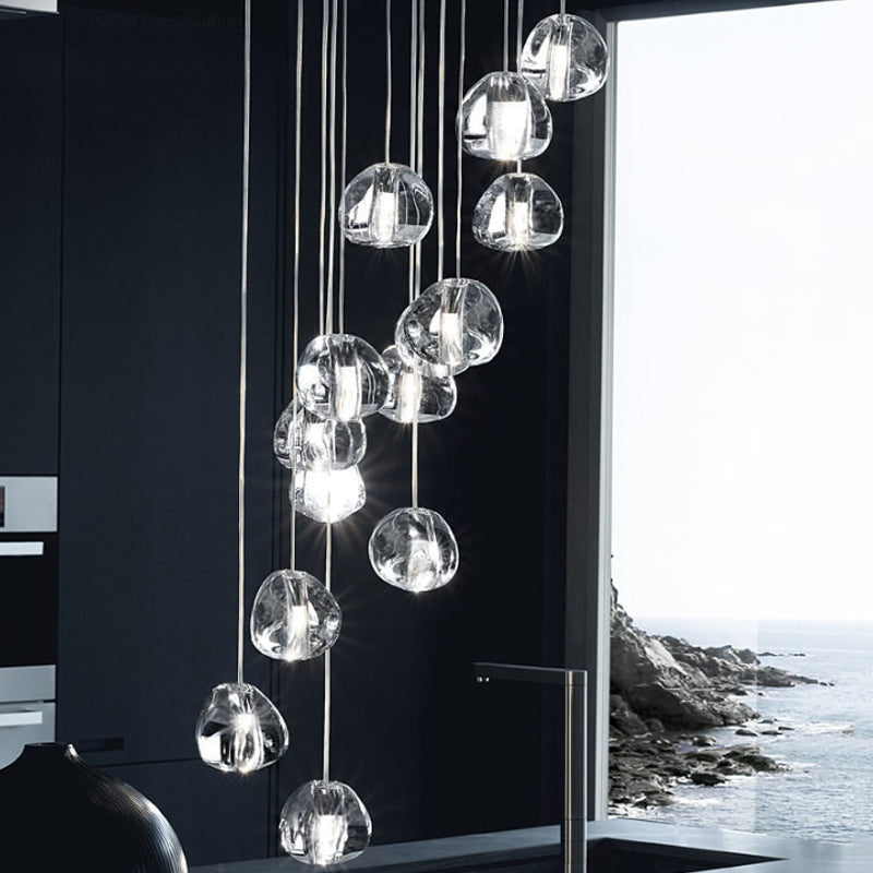 Silver 14 Bulbs LED Ceiling Light Modernism Clear Concave Glass Meteor Shower Cluster Pendant Lamp