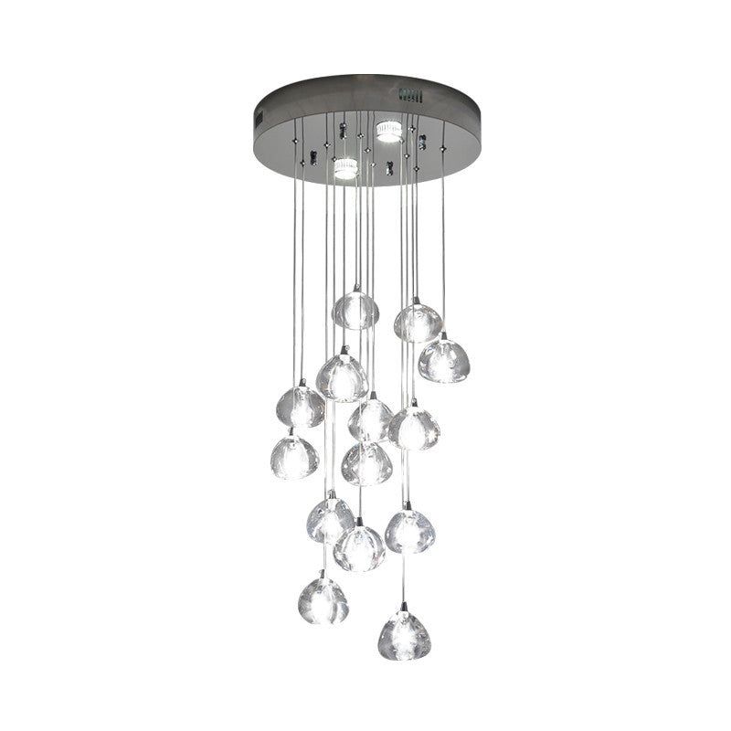 Silver 14 Bulbs LED Ceiling Light Modernism Clear Concave Glass Meteor Shower Cluster Pendant Lamp