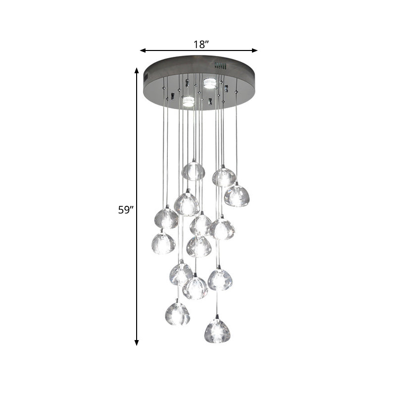 Silver 14 Bulbs LED Ceiling Light Modernism Clear Concave Glass Meteor Shower Cluster Pendant Lamp