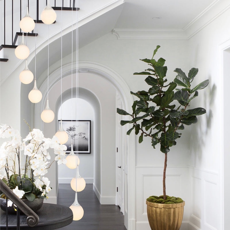 Spiral Stair Cluster Pendant Light Contemporary Milk Round/Square Glass 12 Heads White Hanging Lamp