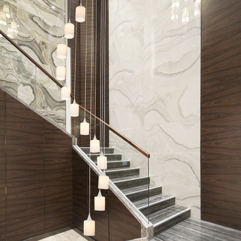 Spiral Stair Cluster Pendant Light Contemporary Milk Round/Square Glass 12 Heads White Hanging Lamp