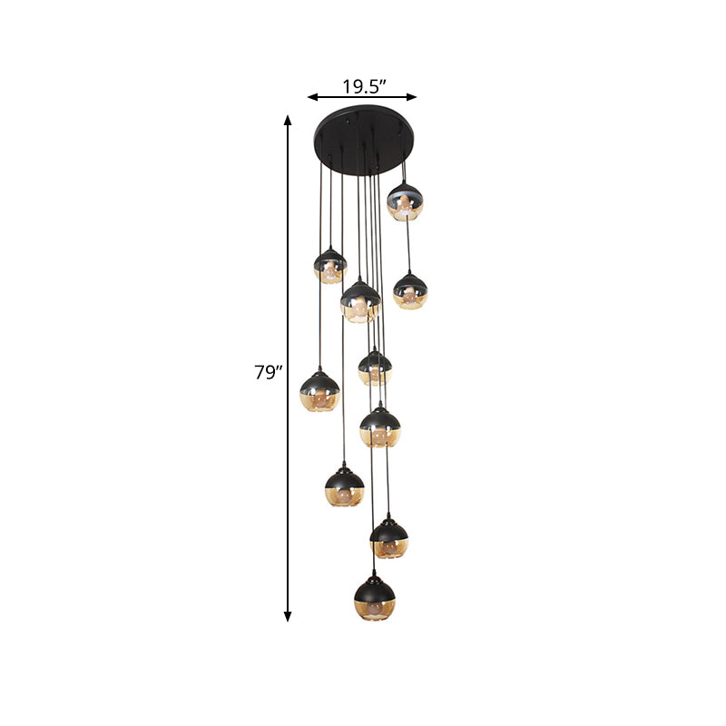10-Light Hanging Lighting Simple Stair Multi Lamp Pendant with Globe Cognac Glass Shade in Black