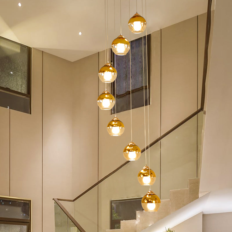 Gold Ball Cluster Pendant Lamp Modern Clear Glass 8-Head Stair LED Ceiling Hang Fixture