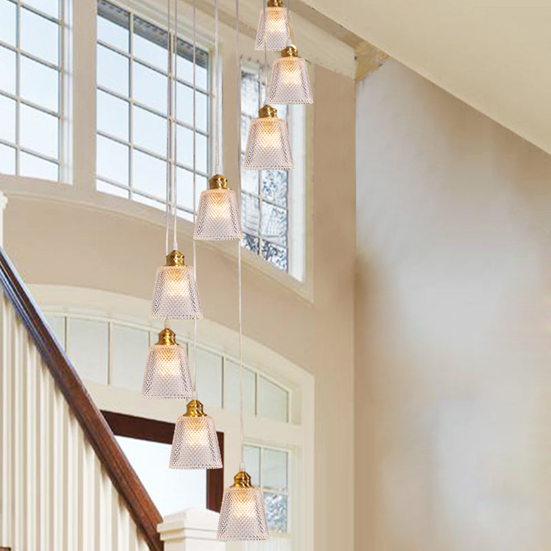 Modernist Cone Hanging Lamp Kit 8-Bulb Clear Lattice Glass Multi Light Pendant in Gold with Spiral Design