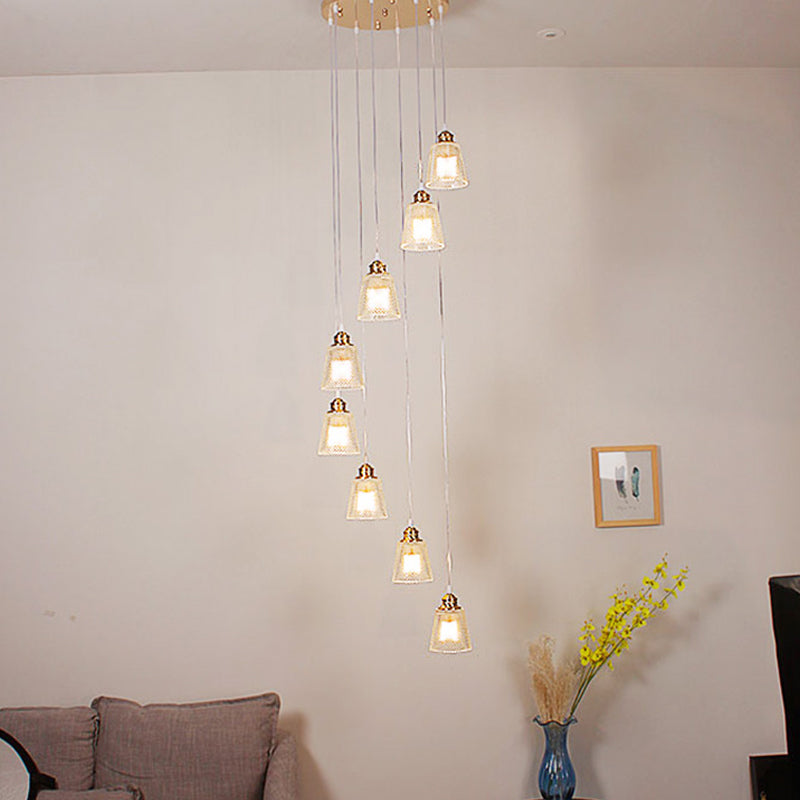 Modernist Cone Hanging Lamp Kit 8-Bulb Clear Lattice Glass Multi Light Pendant in Gold with Spiral Design