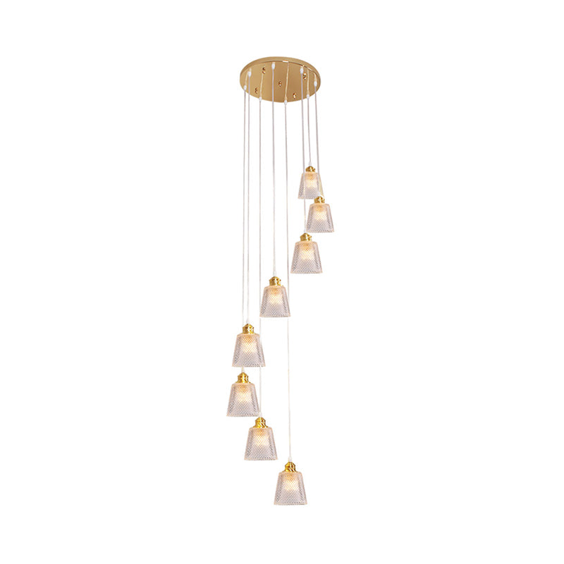 Modernist Cone Hanging Lamp Kit 8-Bulb Clear Lattice Glass Multi Light Pendant in Gold with Spiral Design