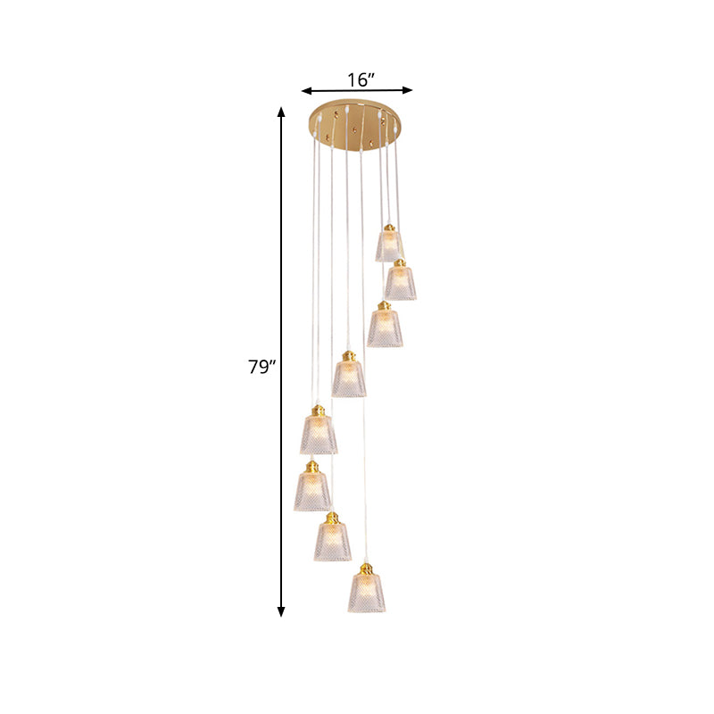 Modernist Cone Hanging Lamp Kit 8-Bulb Clear Lattice Glass Multi Light Pendant in Gold with Spiral Design
