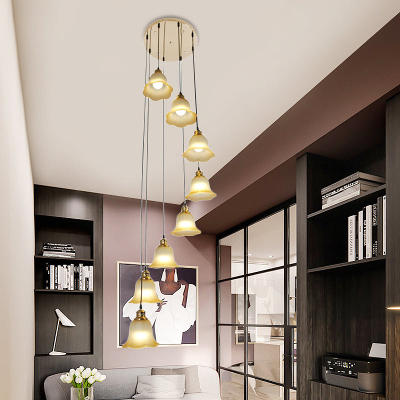 8 Heads Ceiling Lamp Contemporary Living Room Multi Light Pendant with Flower White Glass Shade