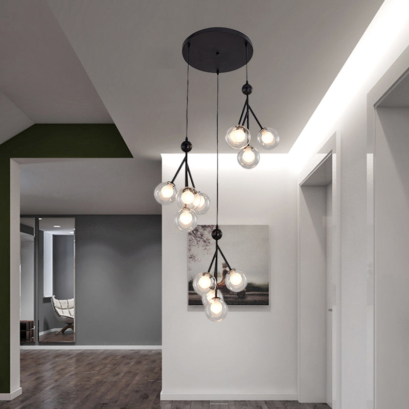 Black/Gold 12 Bulbs Multi Light Pendant Modern Clear/Amber/Smoke Gray Glass Sphere LED Hanging Lamp Fixture