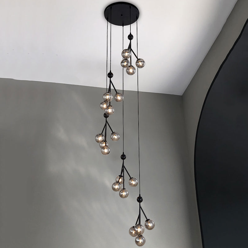 Global Stair Cluster Pendant Lamp Minimalist Clear/Amber/Smoke Gray Glass 20-Light Black/Gold Ceiling Light Fixture