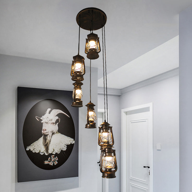 6 Bulbs Metallic Hanging Lamp Contemporary Bronze Lantern Stair Multi Light Pendant