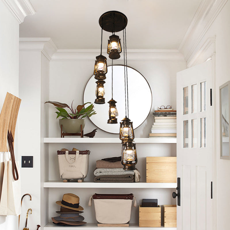 6 Bulbs Metallic Hanging Lamp Contemporary Bronze Lantern Stair Multi Light Pendant