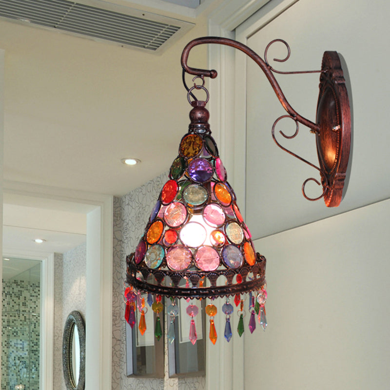 1 Bulb Metal Wall Lamp Art Deco Yellow/Blue/Purple Tapered Dining Room Wall Mounted Lighting with Dangling Glass