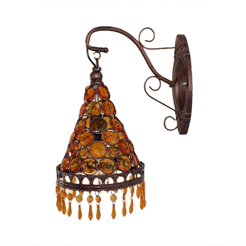 1 Bulb Metal Wall Lamp Art Deco Yellow/Blue/Purple Tapered Dining Room Wall Mounted Lighting with Dangling Glass