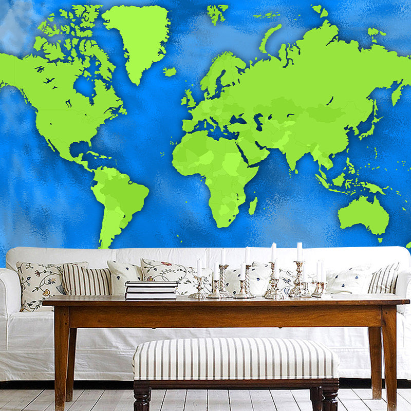 Modern Style World Map Mural Mildew Resistant Wall Covering for Bedroom Decor