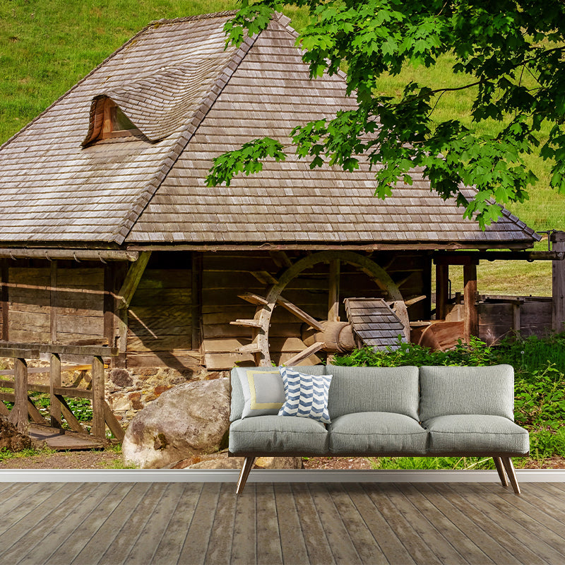 Photography Country Mural Wallpaper with Water Mill Painting for Home Decor
