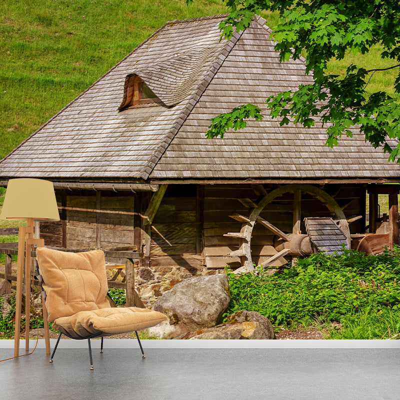 Photography Country Mural Wallpaper with Water Mill Painting for Home Decor