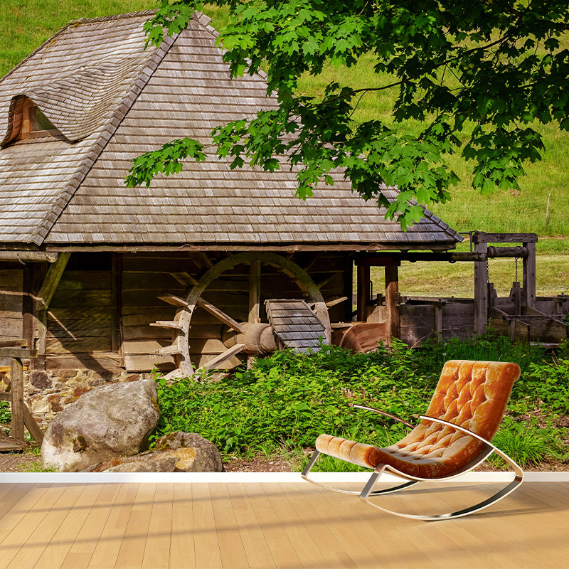 Photography Country Mural Wallpaper with Water Mill Painting for Home Decor