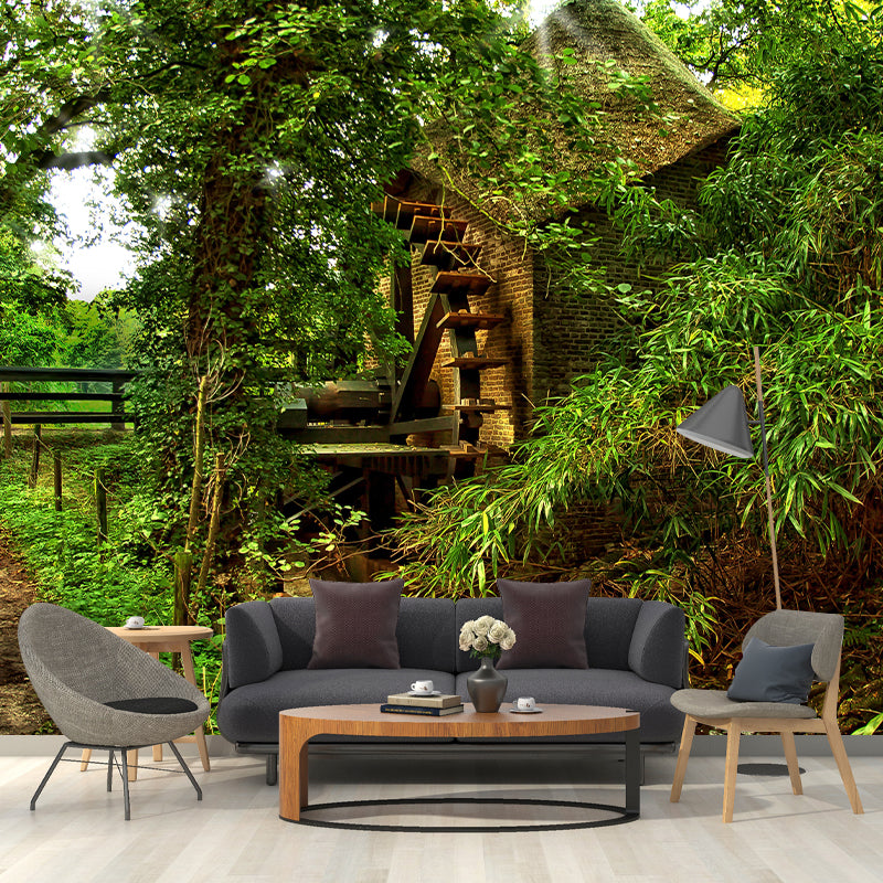 Photography Country Mural Wallpaper with Water Mill Painting for Home Decor