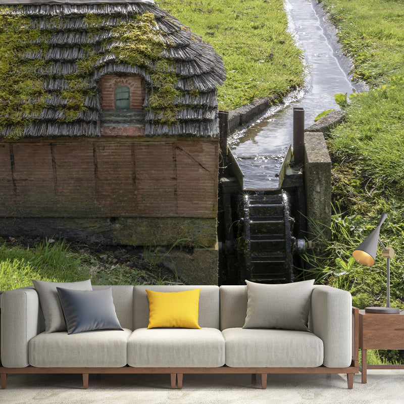 Country Water Mill Mural Mildew Resistant Wall Covering for Home Decor