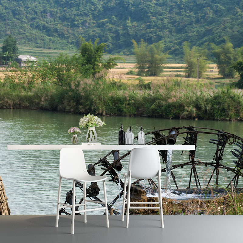 Country Water Mill Mural Mildew Resistant Wall Covering for Home Decor