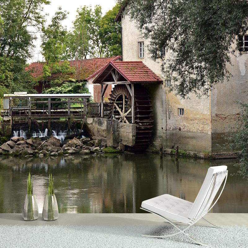 Country Water Mill Mural Mildew Resistant Wall Covering for Home Decor