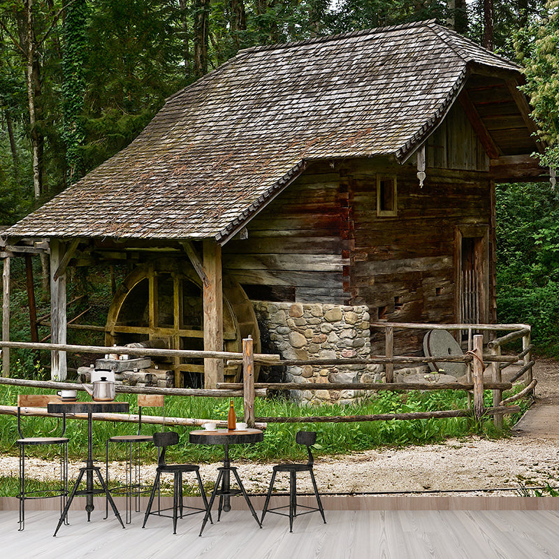 Country Style Water Mill Mural Mildew Resistant Wall Covering for Room Decor