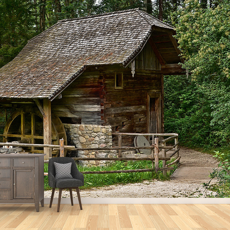 Country Style Water Mill Mural Mildew Resistant Wall Covering for Room Decor