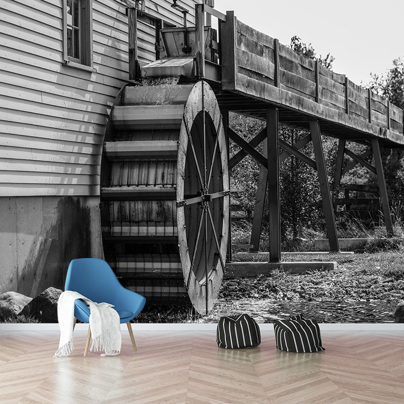Photography Country Mural Wallpaper with Water Mill Painting for Decoration