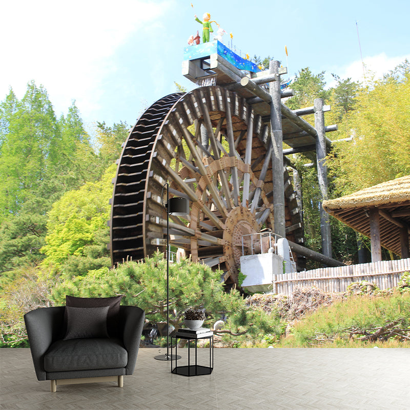 Photography Country Mural Wallpaper with Water Mill Painting for Decoration