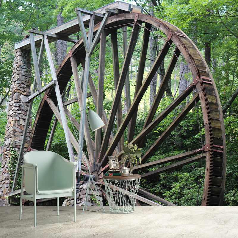 Photography Country Mural Wallpaper with Water Mill Painting for Decoration