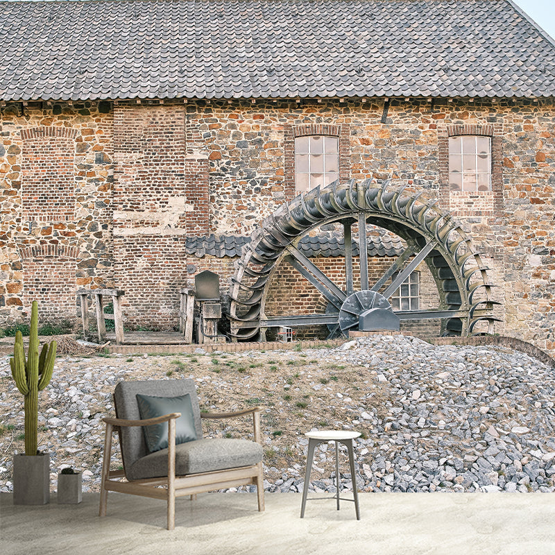 Country Style Water Mill Mural Mildew Resistant Wall Covering for Living Room Decor