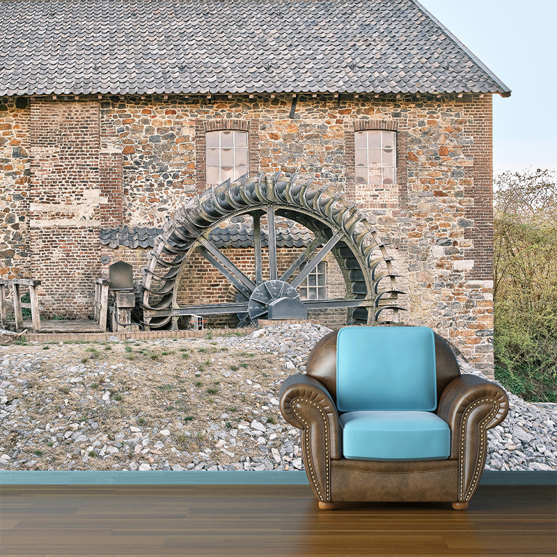 Country Style Water Mill Mural Mildew Resistant Wall Covering for Living Room Decor